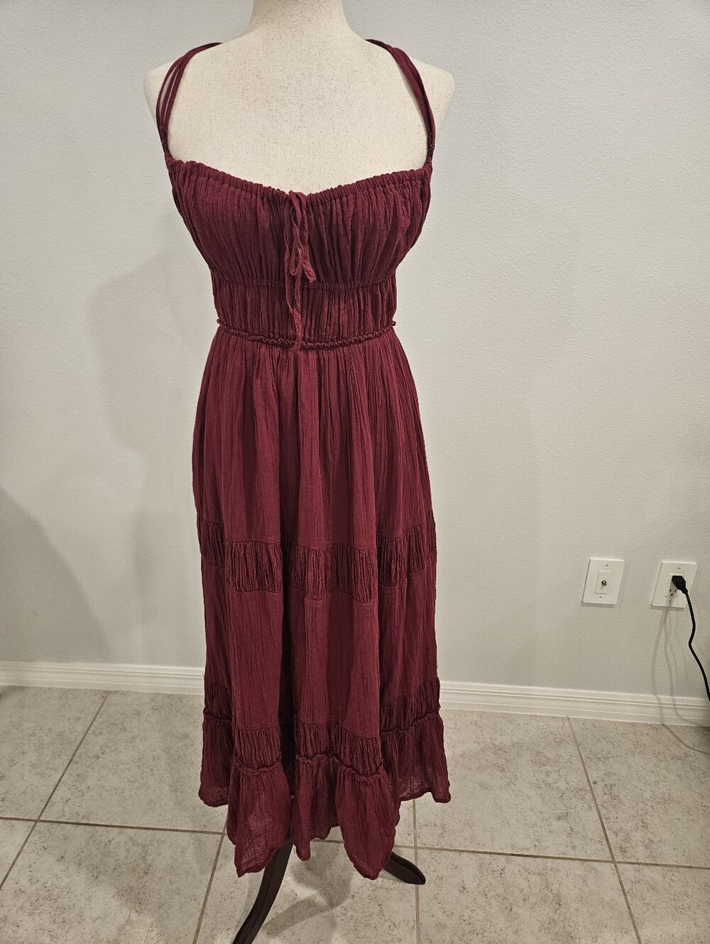 Free People Crinkle Gauze Open Back Tie Midi Dress Boho Festive S